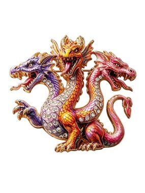 Three-Headed Hydra Dragon Brooch Crystals Enamel Gold-Tone Pink Purple Orange